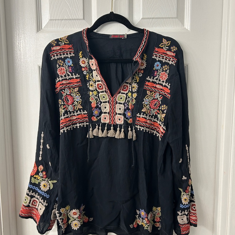 Johnny Was Black Top with Colorful Embroidery